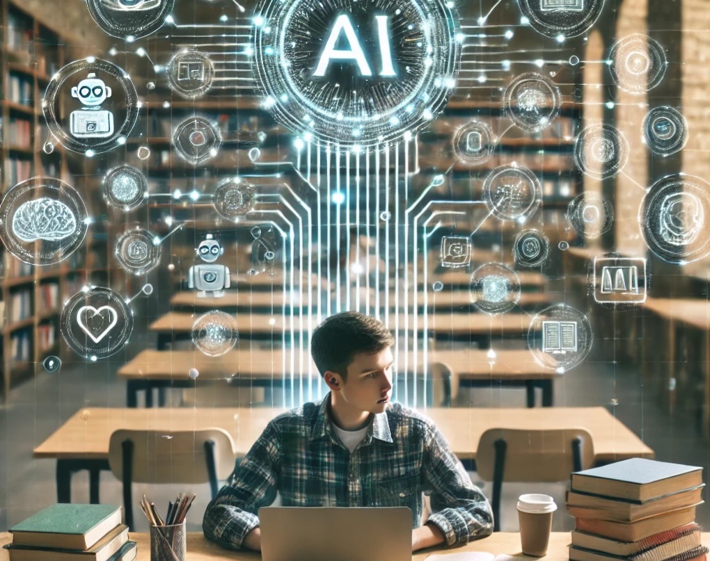 Image of a student in a library, with inlaid graphics connected to AI