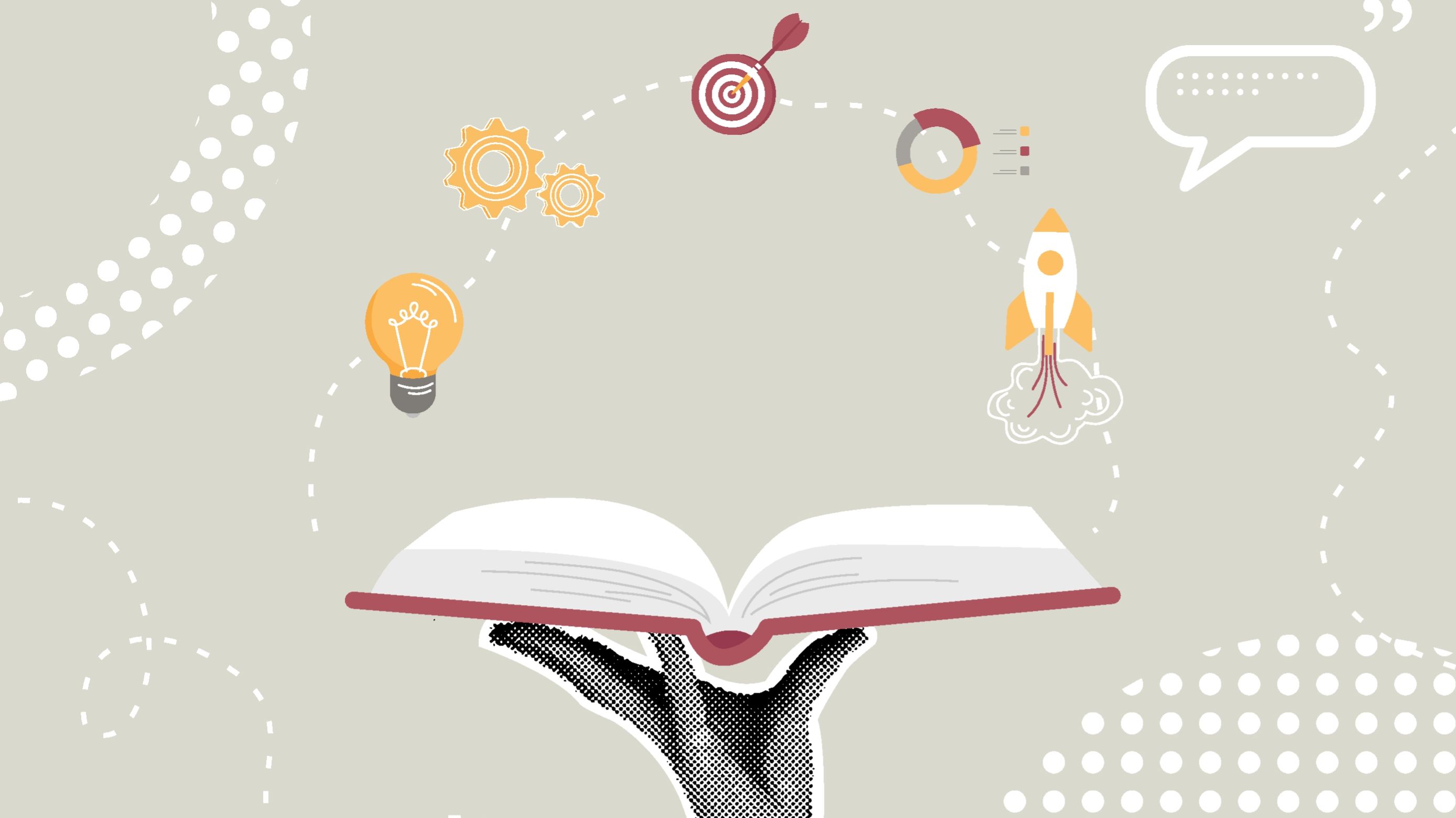 A book with symbols such as a light bulb, a rocket, cogs, a dart and a diagram