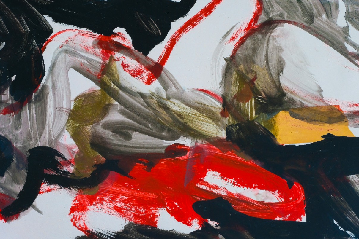 Image of an abstract work of art in red, black, white and yellow