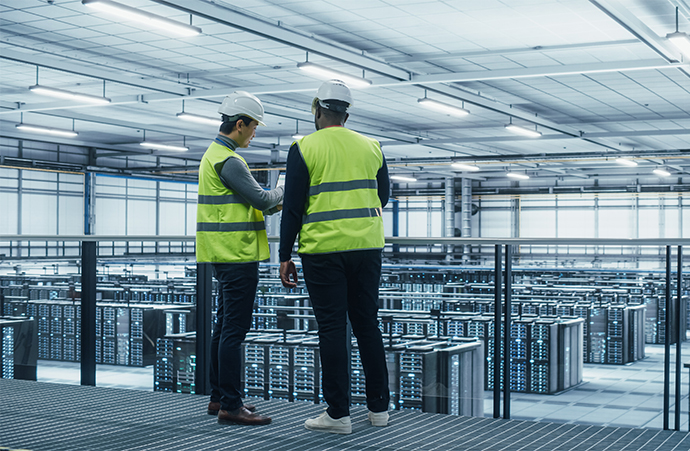 Two people wearing working clothes in a data centre