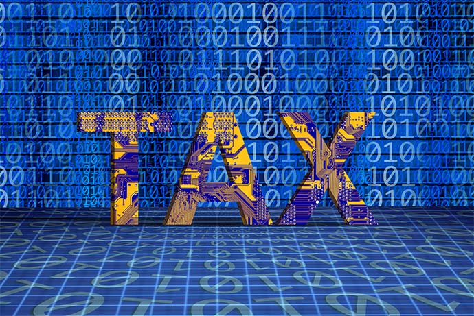 Stock image with zeroes and ones behind the text "TAX"
