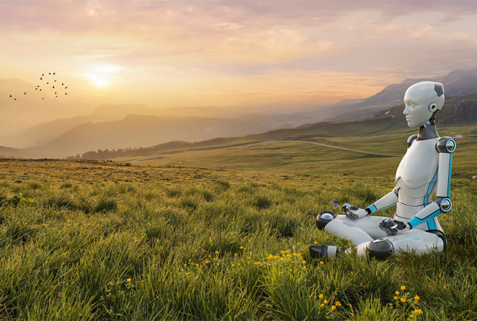 Stock image of a humanoid robot sitting in a serene landscape