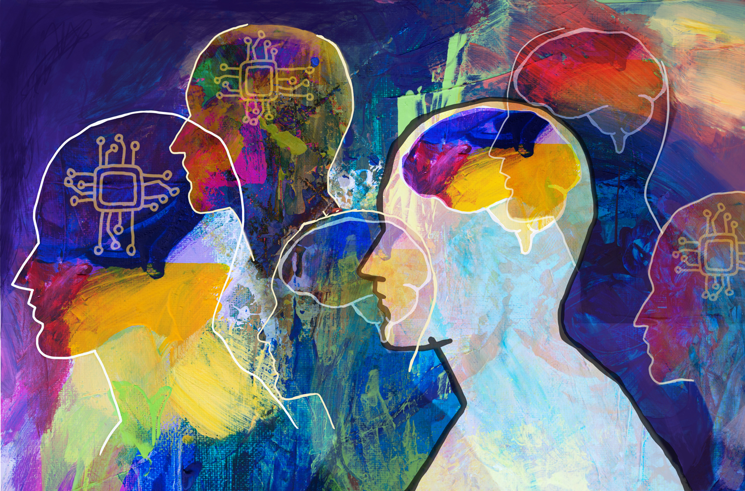 Colorful Image with contours of heads with brains or chips