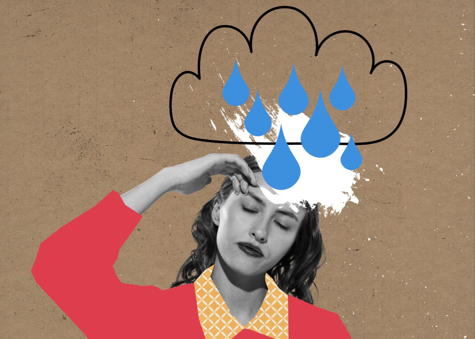 A drawing of a cloud with rain falling down on the face of a woman.