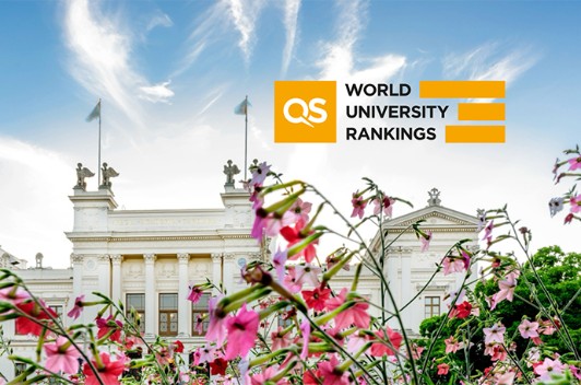 Photo of The Lund University building with the inlaid text: QS World University Rankings