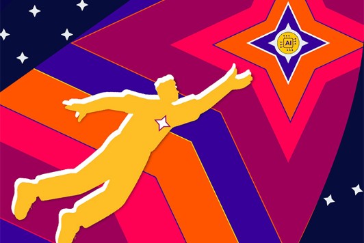 Painting of a person flying towards a star