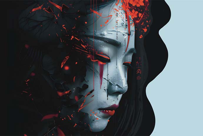 Image of Yūrei, a female face in black and white, and what seems to be bloodstains