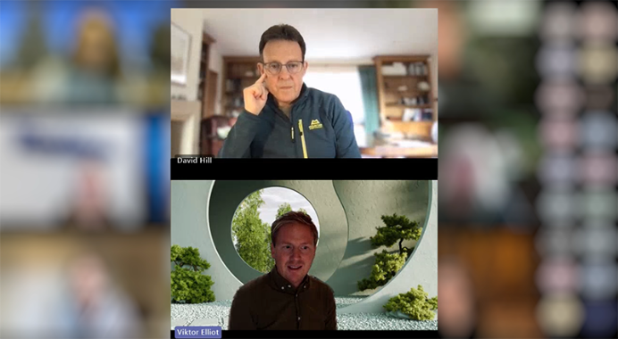 Screenshot from web seminar with two men and blurred background