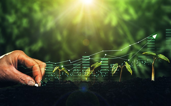 A hand planting a seed and graphs and staples increasing against a green lush background 