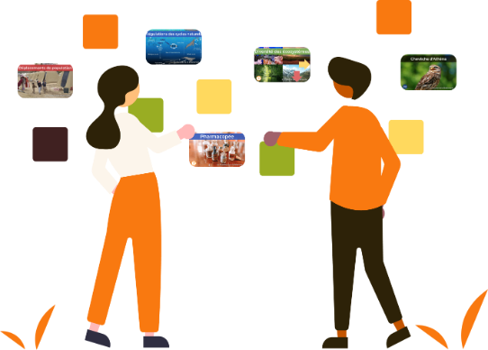 Graphic illustration of two persons making a colorful collage on wall