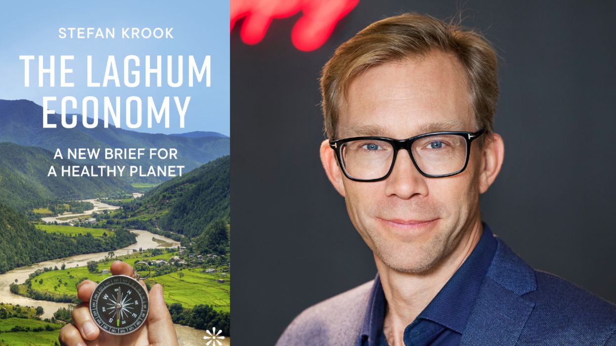 Book cover with meandering river and the author Stefan Krook to the right